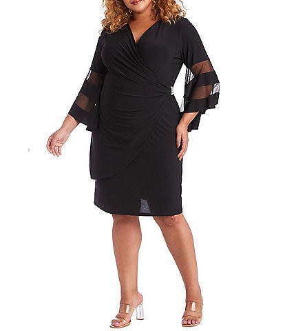 R & M Richards Plus Size V-Neck Faux Wrap Sheer Illusion Bell Sleeve Dress