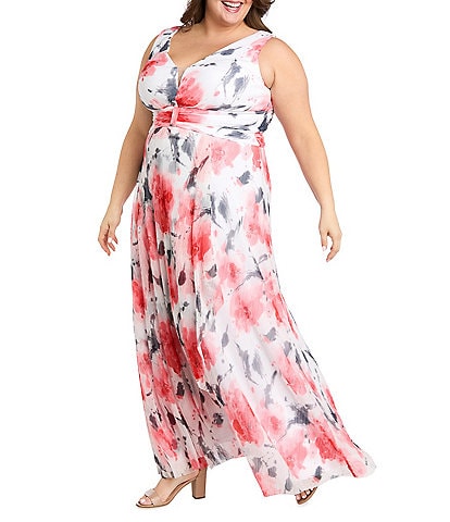 R & M Richards Plus Size V-Neck Sleeveless Printed A-Line Gown