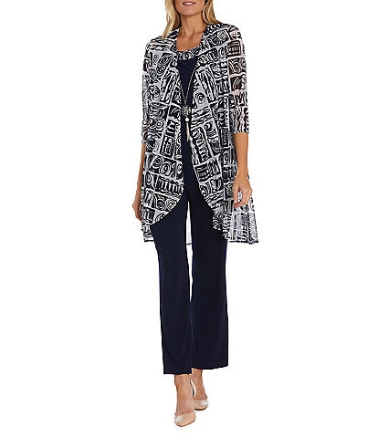 R & M Richards Printed Matte Jersey Round Neck 3/4 Sleeve 3-Piece Duster Pant Set