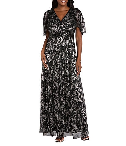 R & M Richards Printed Metallic Foil Sheer Knit Short Flutter Sleeve Gown