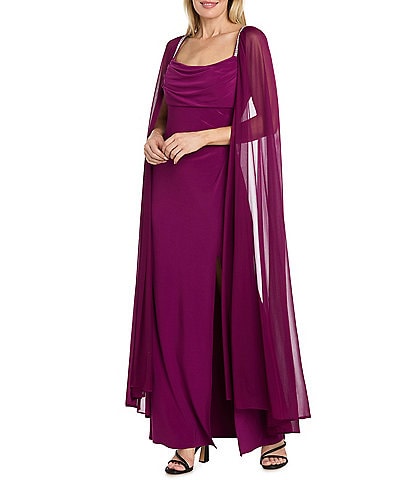 R & M Richards Rhinestone Strap Chiffon Cape Gown