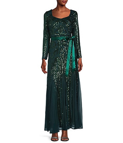 R & M Richards Sequin Sweetheart Neck Embroidered Mesh Ribbon Tie Waist Long Sleeve Gown