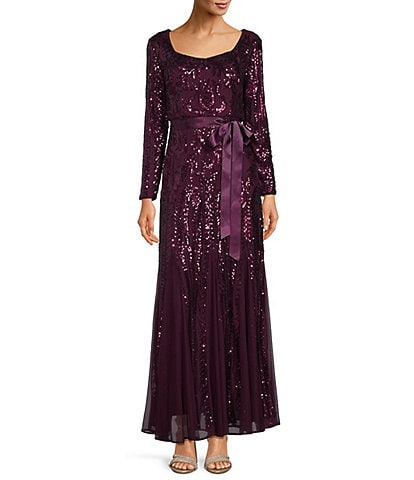 R & M Richards Sequin Sweetheart Neck Embroidered Mesh Ribbon Tie Waist Long Sleeve Gown