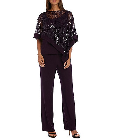 R & M Richards Sequin Lace Poncho 2-Piece Pant Set