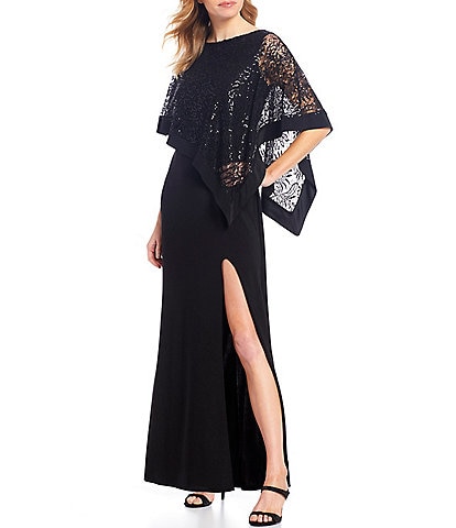 R & M Richards Sequin Lace Poncho Overlay Boat Neck Short Sleeve Thigh High Slit Popover Gown