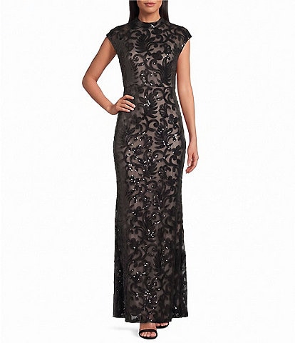 R & M Richards Sequin Mesh Mock Neck Cap Sleeve Long Dress
