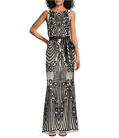 R & M Richards Sequin Pattern Sleeveless Fan Panel Gown