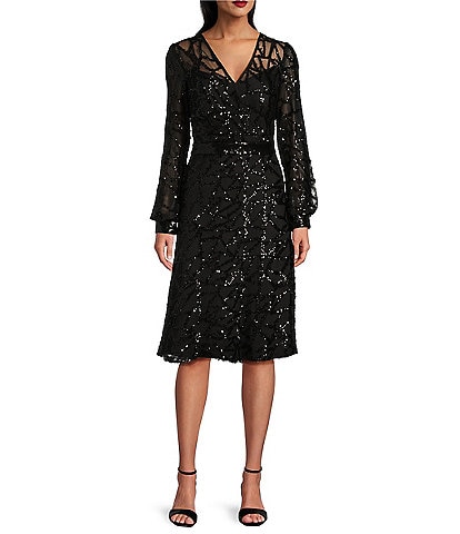 R & M Richards Sequin Power Mesh Beaded Surplice V-Neck Long Cuffed Sleeve A-Line Dress