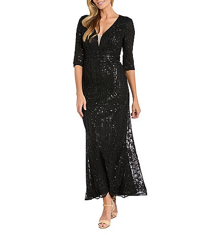 R & M Richards Sequin Power Mesh V-Neck 3/4 Sleeve Gown