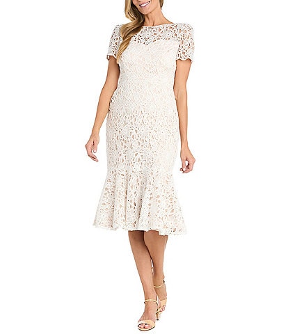R & M Richards Short Sleeve Crew Neck Fit and Flare Lace  Dress