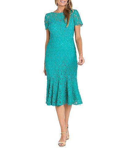 R & M Richards Short Sleeve Crew Neck Fit and Flare Lace  Dress