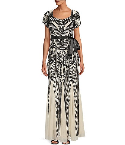 R & M Richards Short Sleeve Sweetheart Neck Embellished Sequin Panel Godet Dress