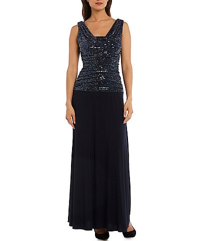 R & M Richards Sleeveless Cowl Neck Sequin Bodice Gown