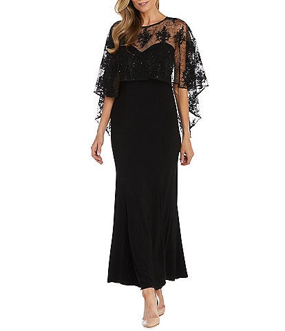 R & M Richards Crew Neck Embroidered Mesh Cape Overlay Dress