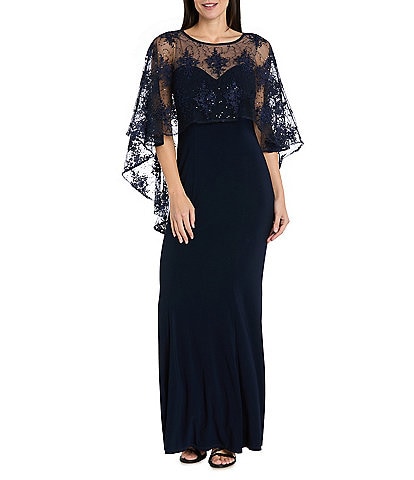 R & M Richards Sweetheart Neck Embroidered Mesh Cape Overlay Dress