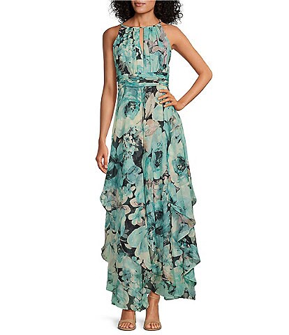 R & M Richards Watercolor Floral Printed Chiffon V-Neck Tiered Ruffle  High-Low Hem 3/4 Sleeve 2-Piece Jacket Dress