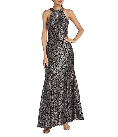 R & M Richards Sleeveless Halter Neck Glitter Lace Long Fit and Flare Dress