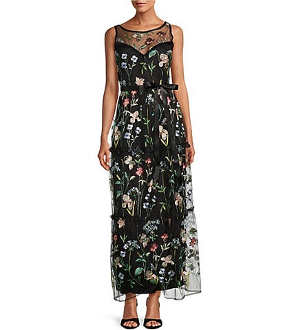 R & M Richards Sleeveless Sweetheart Illusion Neck Floral Embroidered Dress