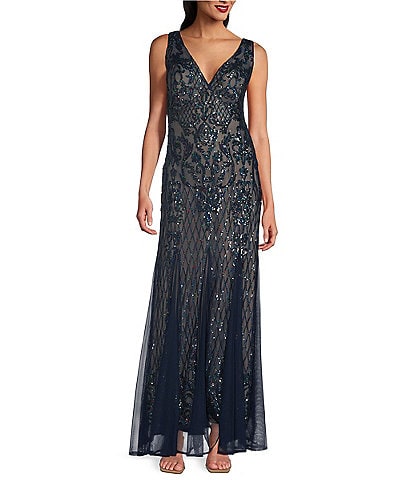 R & M Richards Sleeveless V-Neck Godet Skirt Embellished Long Sequin Gown