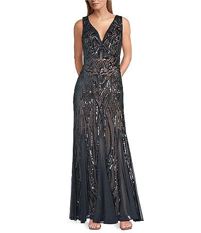 R & M Richards Sleeveless V-Neck Godet Skirt Embellished Long Sequin Dress