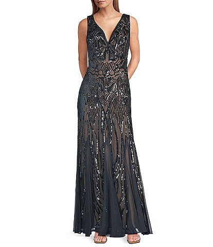 R & M Richards Sleeveless V-Neck Godet Skirt Embellished Long Sequin Dress