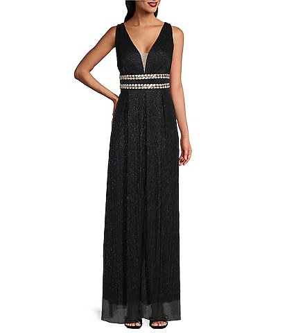 R & M Richards Sleeveless V-Neck Rhinestone Waist Dress