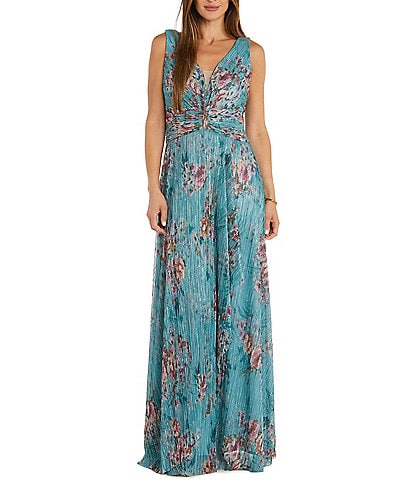 R & M Richards Sleeveless V-Neck Ruched Waist Floral Print Gown