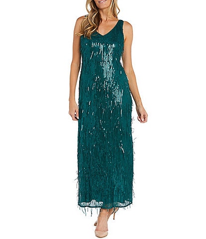 R & M Richards Sleeveless V-Neck Sequin Fringe Mesh Dress