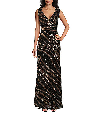 R & M Richards Sleeveless V-Neck Two Tone Sequin Gown