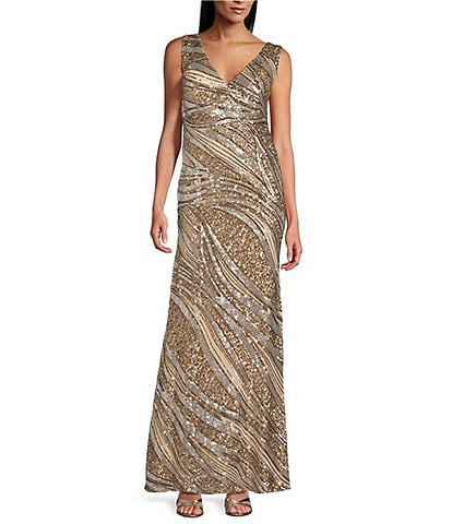 R & M Richards Sleeveless V-Neck Two Tone Sequin Gown