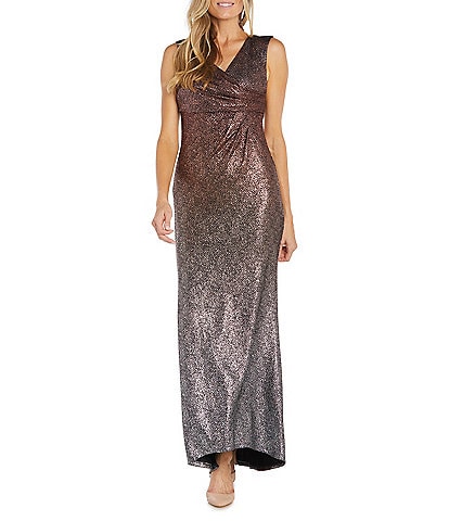 R & M Richards Sleeveless V-Neck Wrap Front Ombre Foil Gown