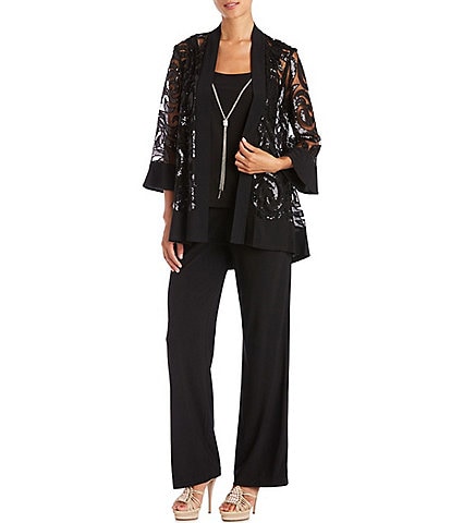 R & M Richards Swirl Sequin Scoop Neck 3/4 Sleeve Jacket 3-Piece Set