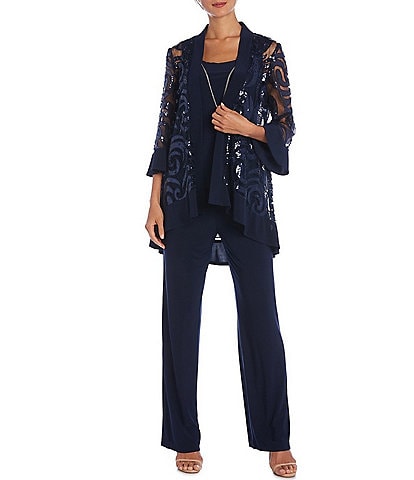 R & M Richards Swirl Sequin Scoop Neck 3/4 Sleeve Jacket 3-Piece Set