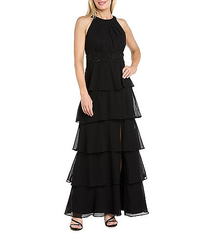 R & M Richards Tiered Solid Pebble Georgette Beaded Halter Neck Sleeveless Gown