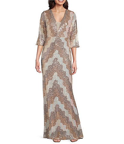 R & M Richards V-Neck Elbow Sleeve Tri Color Sequin A-line Gown