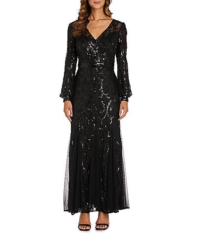 R & M Richards V-Neck Long Sleeve Embroidered Sequin Mesh Gown