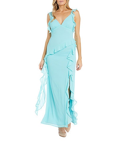 R & M Richards V-Neck Sleeveless Ruffle Detail Crepe Chiffon Dress