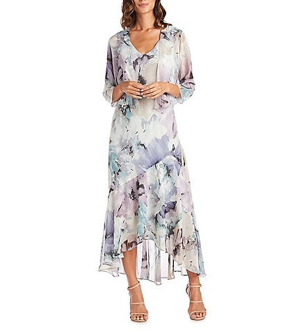 R & M Richards Watercolor Floral Printed Chiffon V-Neck Ruffle High-Low 3/4 Sleeve 2-Piece Jacket Gown