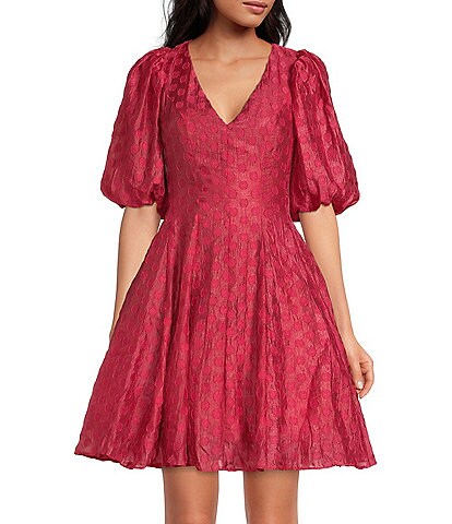 Rachel Parcell Dotted Print Organza V-Neck Short Puff Sleeve Fit-and-Flare Dress
