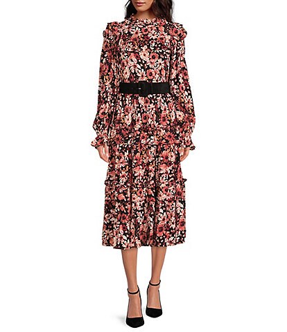 Rachel Parcell Victorian Floral Print Crew Neck Long Puff Sleeve Ruffle Tiered Hem Belted A-Line Midi Dress