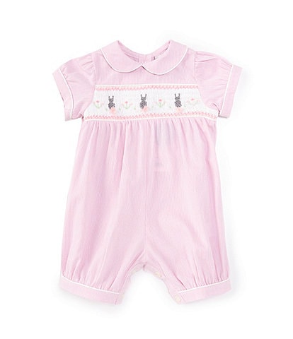 Rachel Riley Baby Girls 3-12 Months Peter Pan Collar Short Sleeve Smocked Bunny Romper Suit