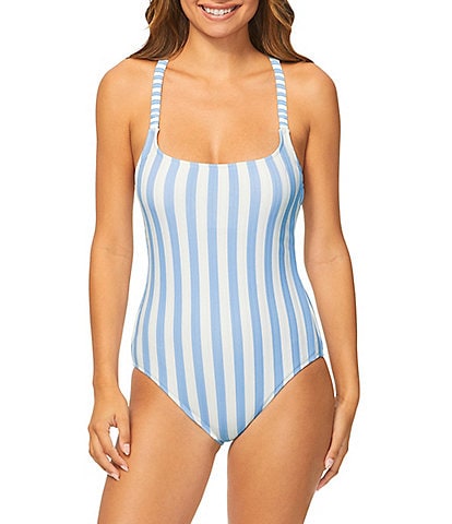 Raisins Cabana Beach Stripe Ribbed Texture Scoop Neck One Piece Swimsuit