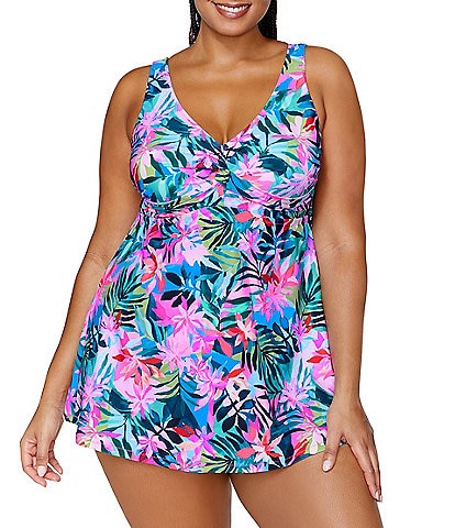 Raisins Curve Plus Size Playa Sombra Tropical Floral Print Twist Front V-Neck Tummy Control One-Piece Swim Dress