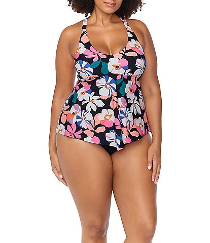 Raisins Curve Plus Size Sun's Out Floral V-Neck Underwire Tankini Swim Top & Plus Size Malo Solid High Waist Shirred Swim Bottom