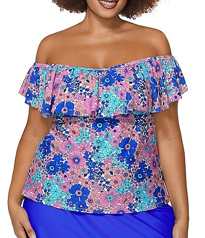 Raisins Curve Plus Size Tropicana Garden Tortuga Floral Off-The-Shoulder Tankini Swim Top