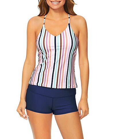 Raisins Salt Cove Noumea Stripe V-Neck Strappy Back Tankini Swim Top & Solid Back Ruched Surf Short Swim Bottom