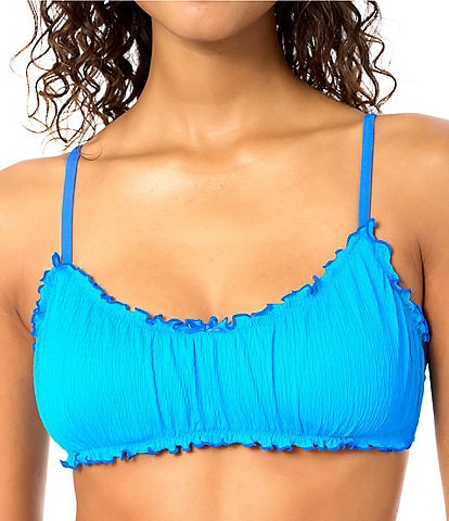 Raisins Smocking Solids Texture Ruffle Trim Scoop Neck Bralette Swim Top
