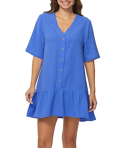 Raisins Solid Sol Flowy V-Neck Ruffle Hem Swim Cover-Up Dress