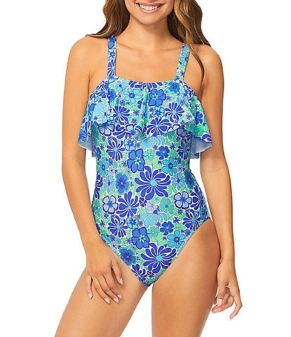 Raisins Venice Beach La Playa Floral Square Neck Ruffle One Piece Swimsuit