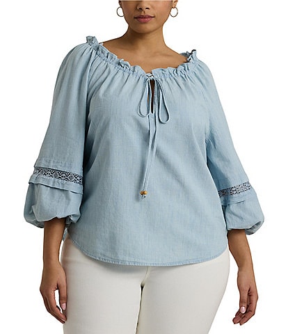 Lauren Ralph Lauren Plus Size Chambray Cotton Ruffle Keyhole Neck Lace Detail 3/4 Blouson Sleeve Denim Top